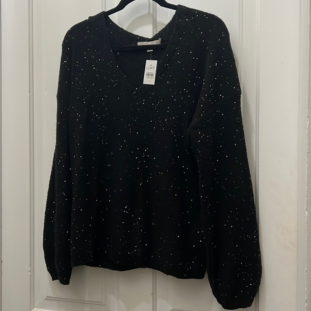 NWT Loft Black Mini-Sequin V-Neck Sweater with Balloon Sleeves